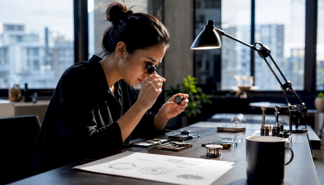 Designer inspecting custom logo watch dial closely