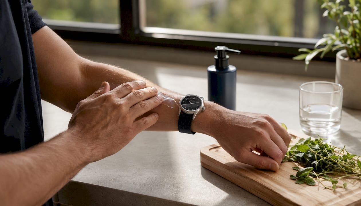 Person applying lotion beneath watch to prevent rash