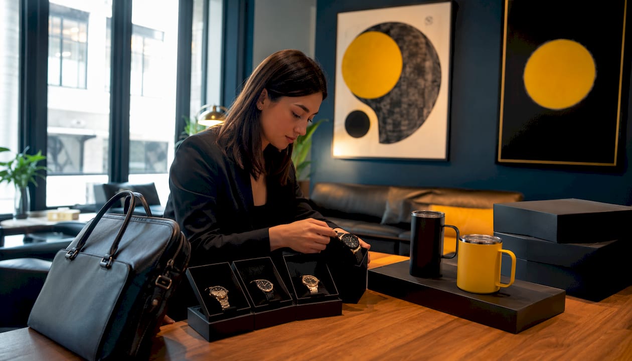 Woman organizing hotel branded gifts on table