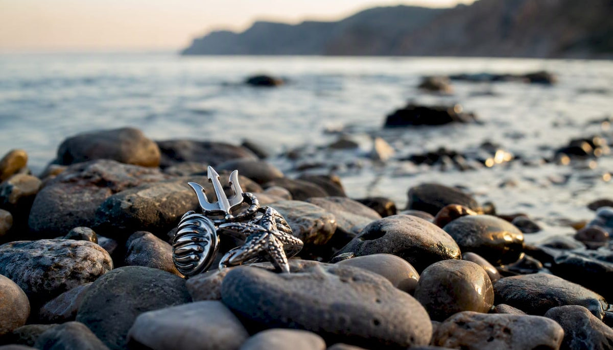 Stainless steel jewelry on wet beach sand