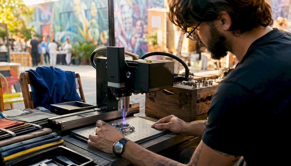 Hands operating laser engraving on watch case back