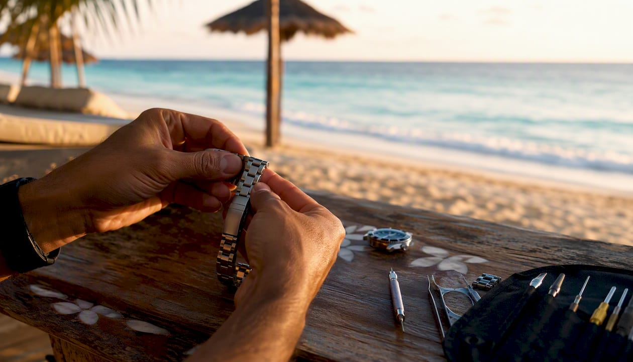 Hands setting up watch bracelet for link removal