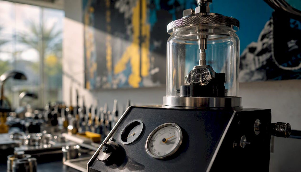 Watch water resistance pressure test in progress