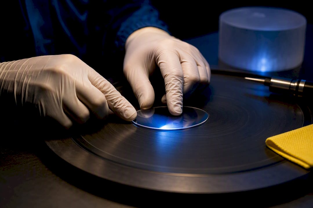 Technician polishing a sapphire crystal wafer