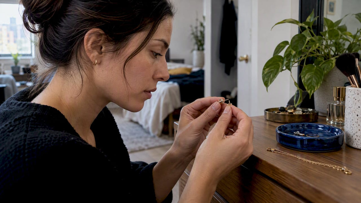 Hands inspecting an earring post and clasp