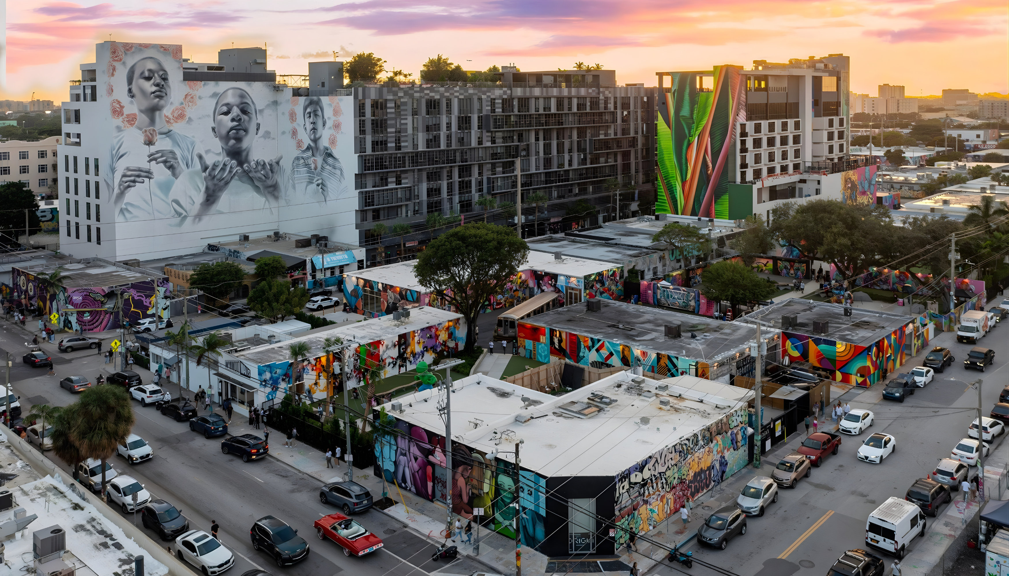Aerial view of Miami’s Wynwood Arts District at sunset, featuring colorful street art, murals and creative urban architecture that inspire the WYNWOOD BLVD jewelry and watch collections.