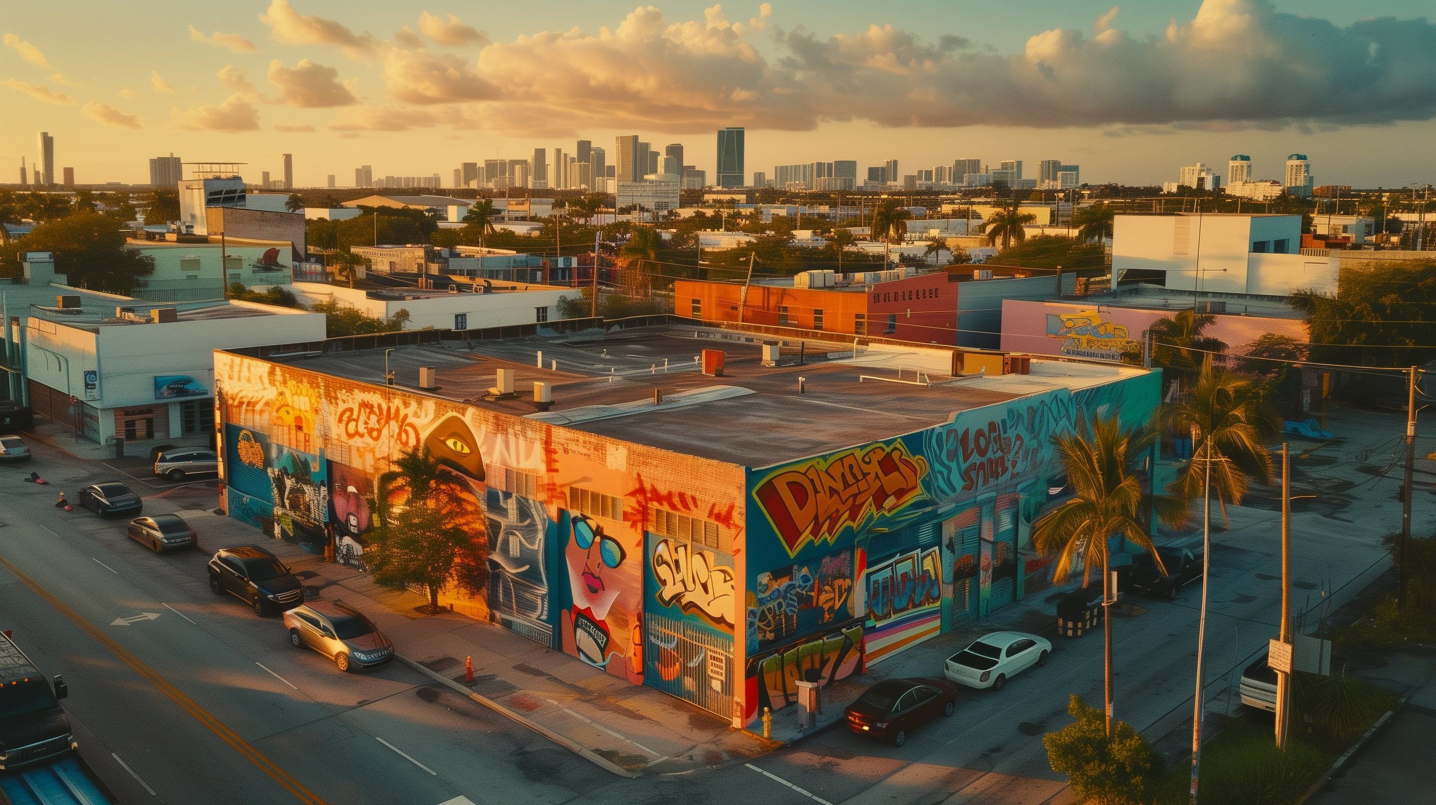 Aerial view of colorful street art murals in Miami’s Wynwood Arts District during golden hour, showcasing the creative neighborhood that inspires WYNWOOD BLVD jewelry and watches.