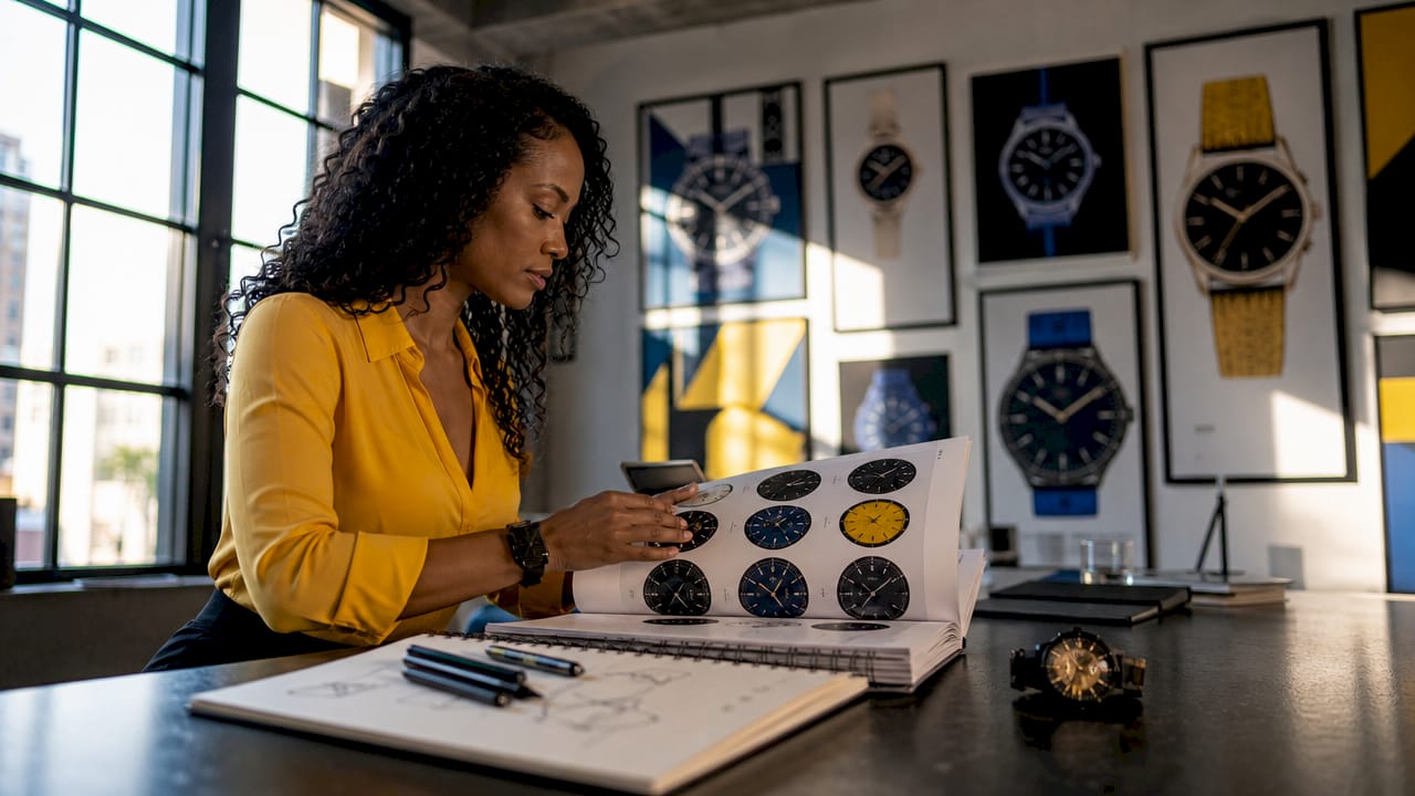 Designer reviewing custom logo watch samples