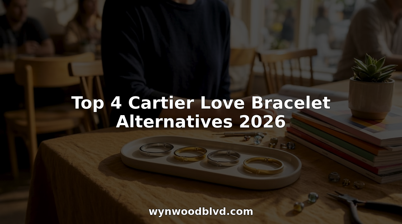 Four Cartier Love bracelet alternative bracelets on wooden tray