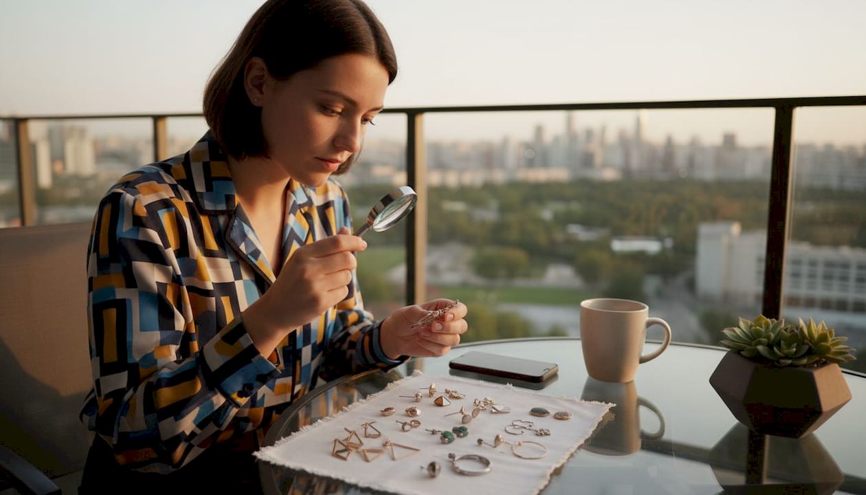 Woman examining hypoallergenic earrings at table