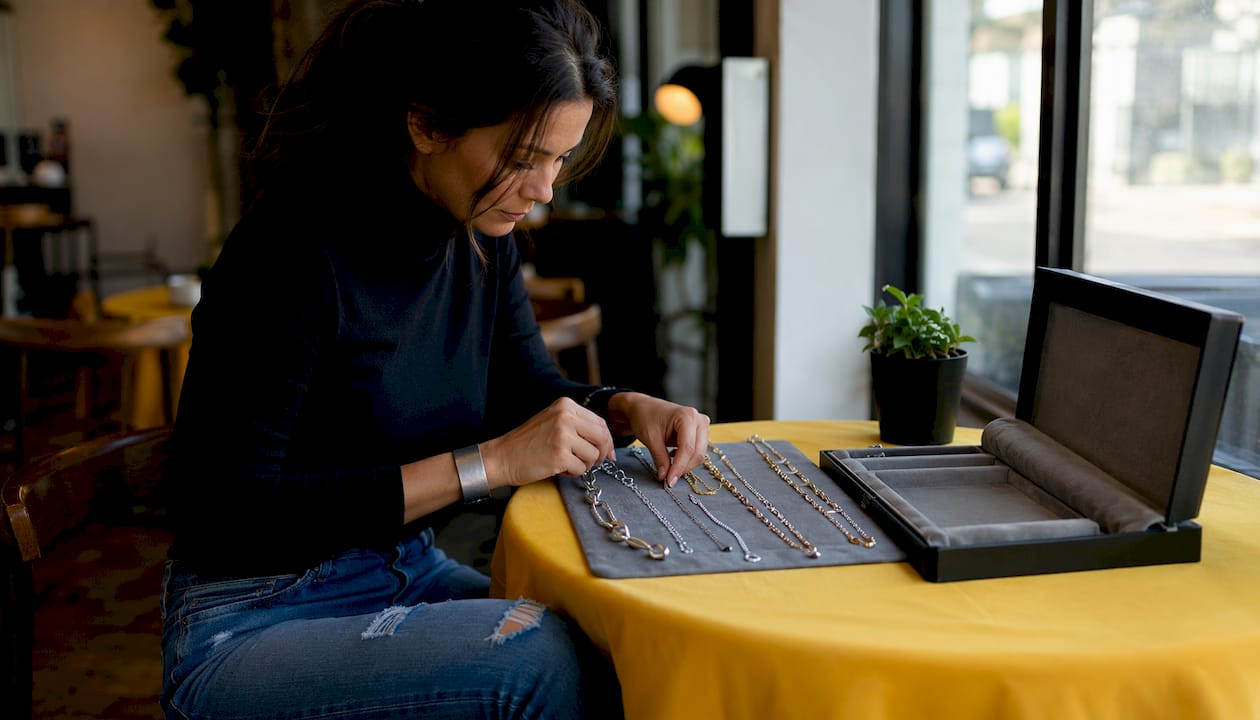 Woman examining water resistant necklaces indoors