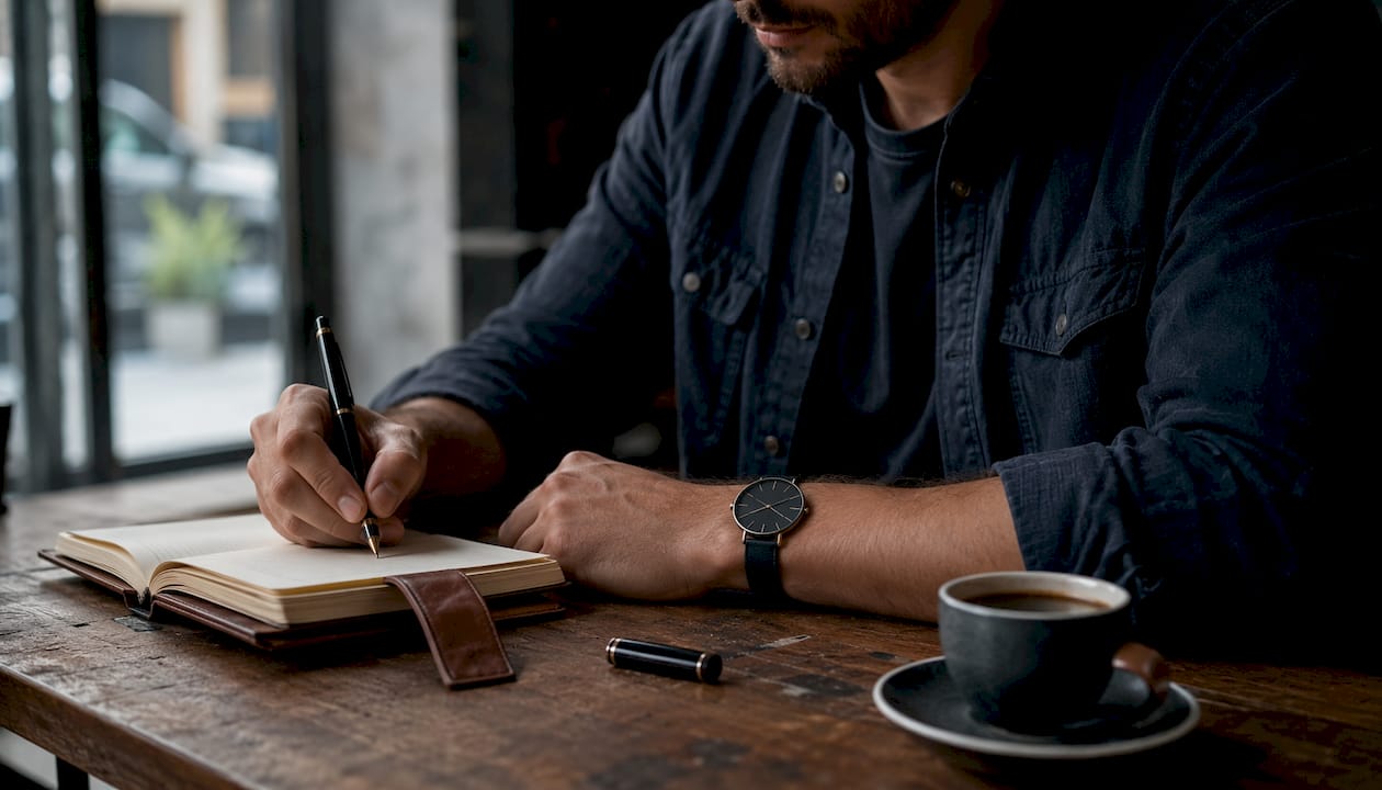 Man wearing ultra thin watch on wrist typing