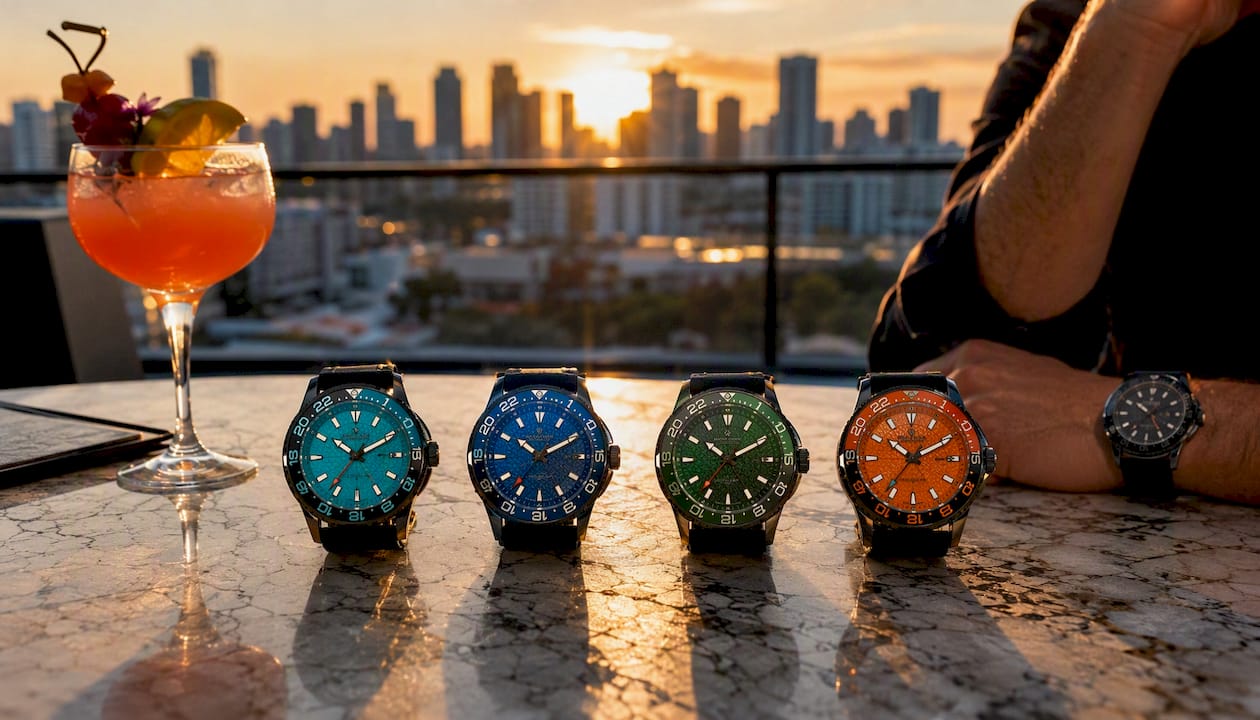 Close-up of four Miami-inspired travel watches on table