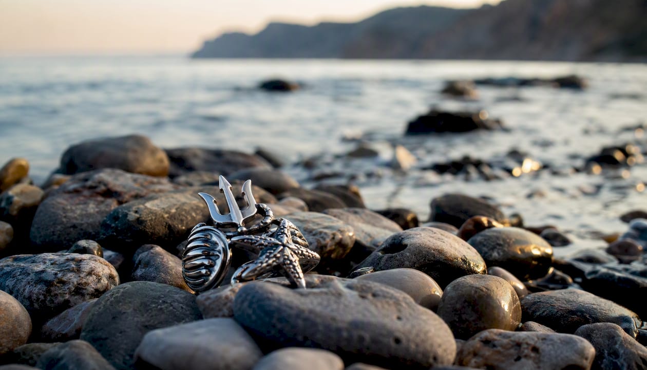 Stainless steel jewelry on wet beach sand