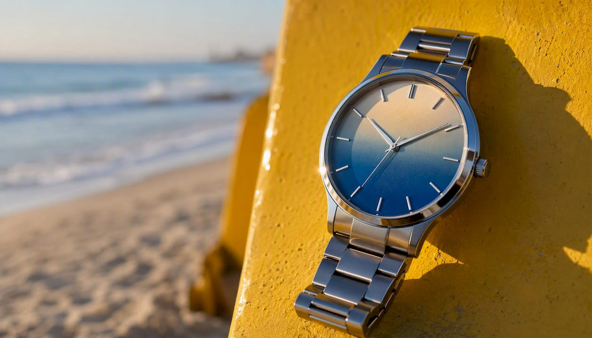 Close-up of watch dial in blue and champagne hues