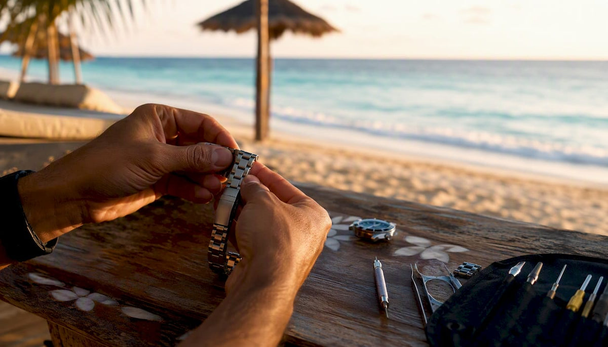 Hands setting up watch bracelet for link removal