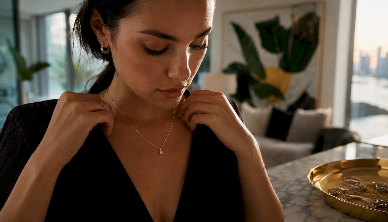 Woman adjusting silver pendant necklace on collarbone