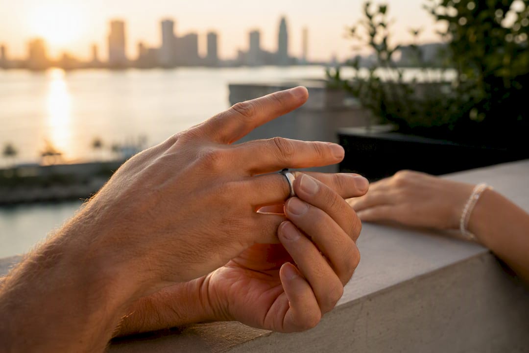 Hands with silver ring and steel bracelet golden hour