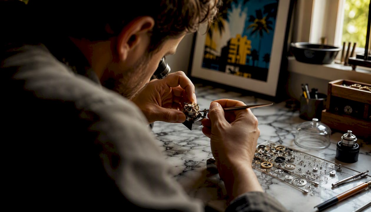 Hands assembling detailed watch movement