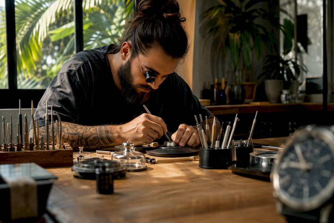 Close-up of artisan customizing watch dial