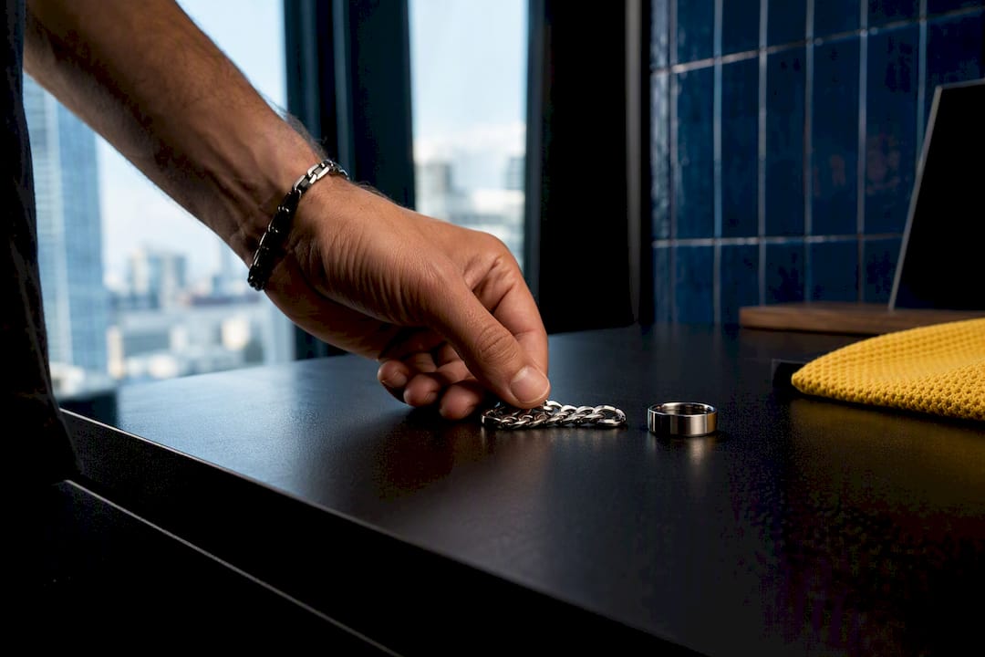 Anonymous stainless steel jewelry beside black shirt