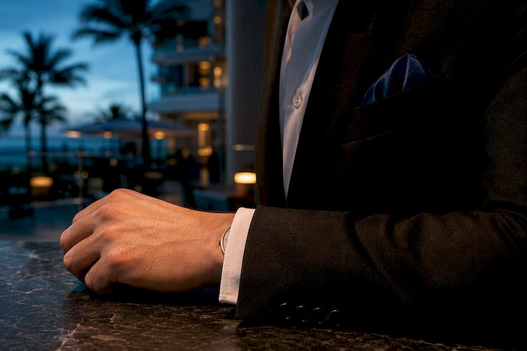 Slim watch case disappearing beneath shirt cuff