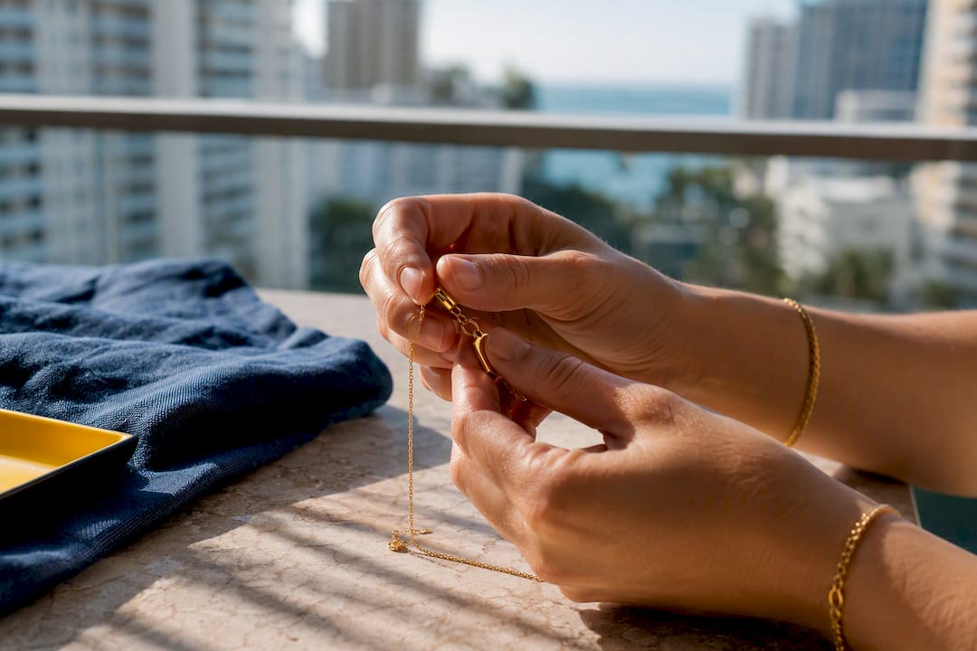 Hands fitting a pendant onto a chain