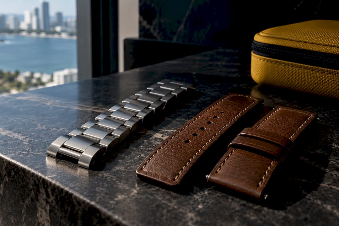 Steel bracelet beside leather watch strap