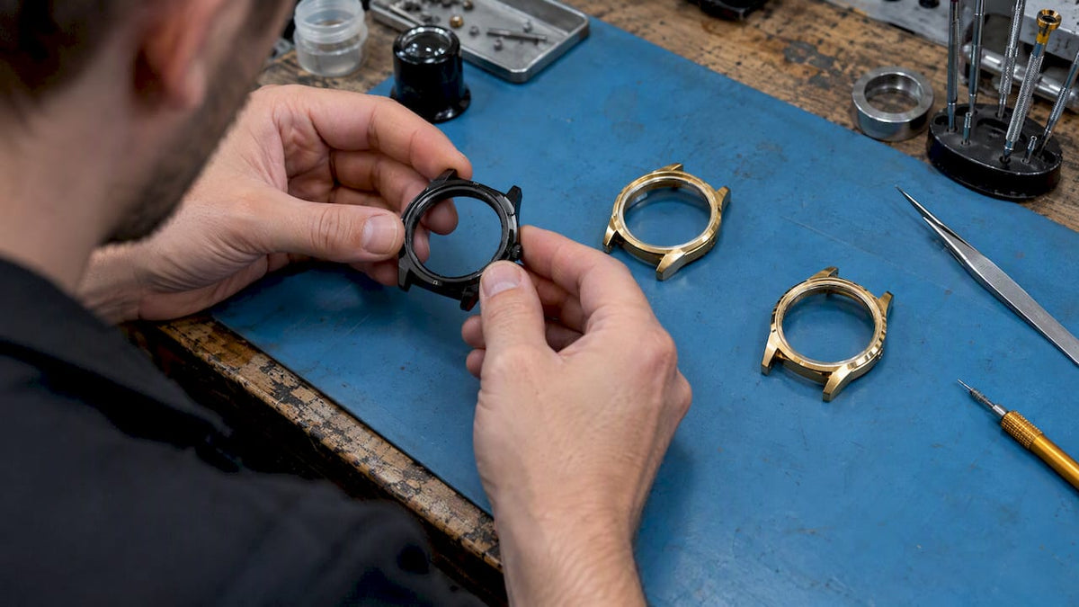 Watch case samples show contrasting coating finishes