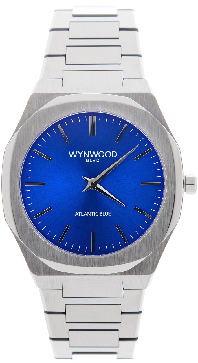 WYNWOOD BLVD Atlantic Blue automatic watch, deep blue enamel dial, brushed stainless steel case, front view