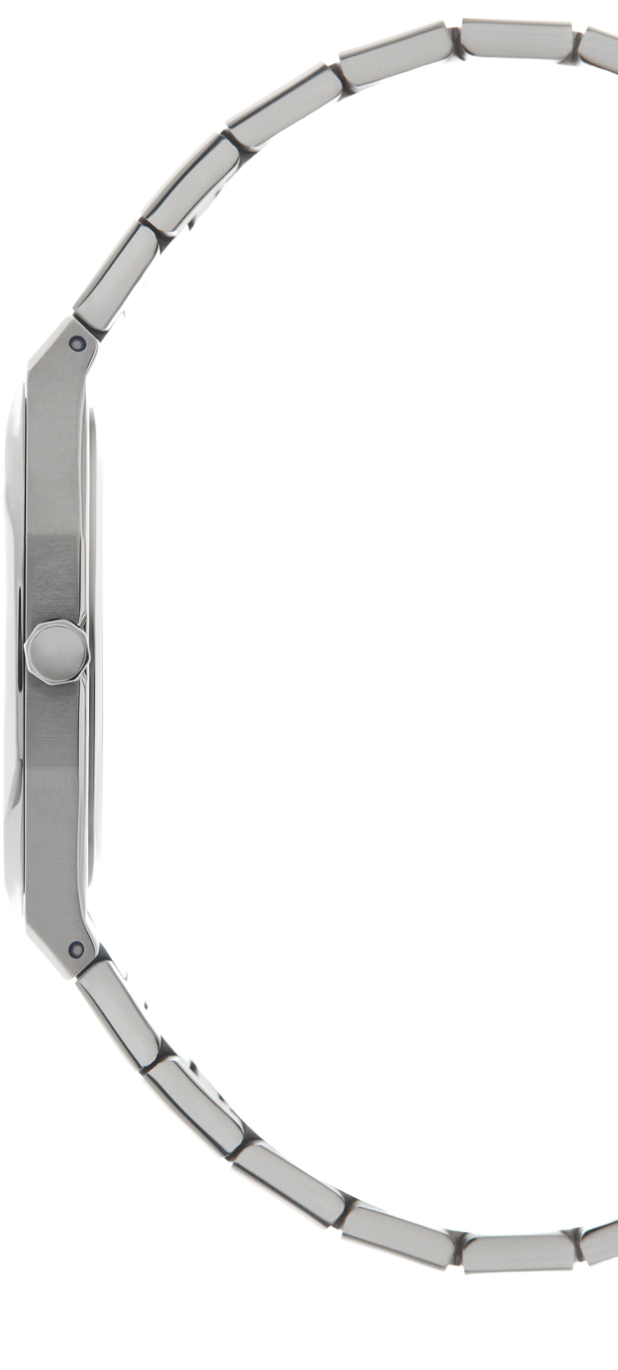 WYNWOOD BLVD Atlantic Blue watch, side profile showing slim 7mm brushed stainless steel case