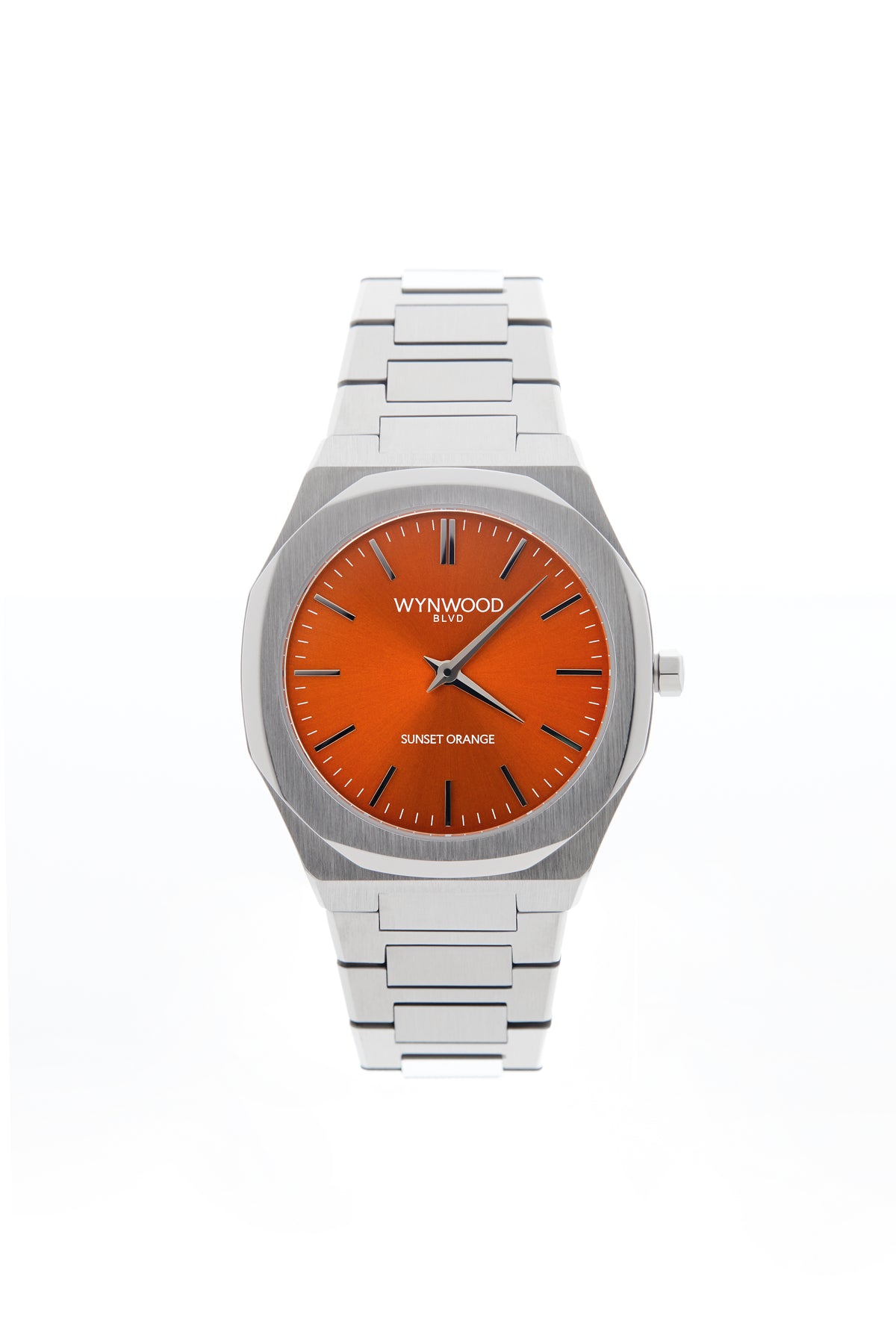 Front view of the WYNWOOD BLVD Sunset Orange watch featuring a stainless steel bracelet and vibrant orange dial on a clean white background.