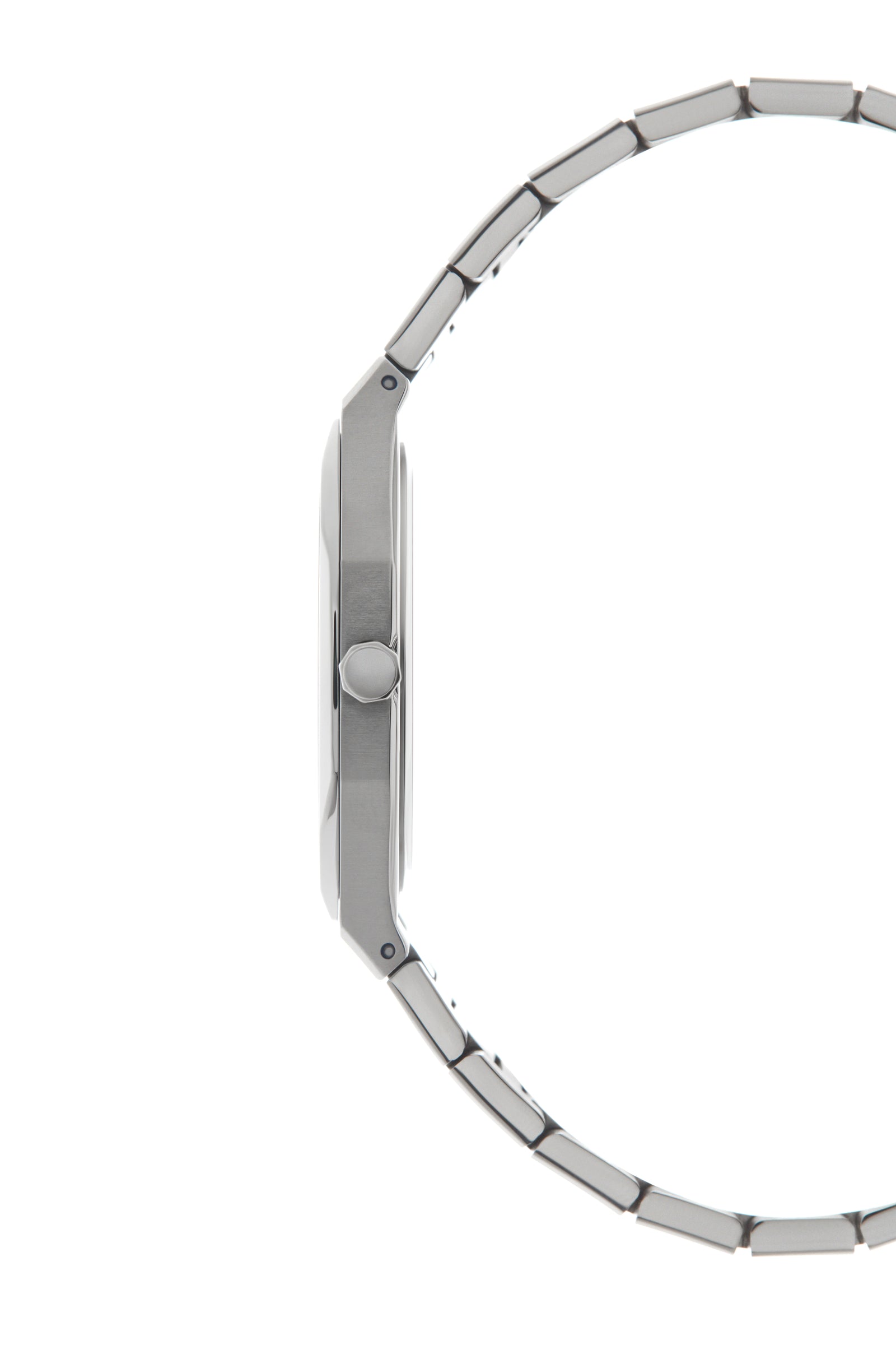 Side profile of the WYNWOOD BLVD Sunset Orange watch featuring a stainless steel case and bracelet.